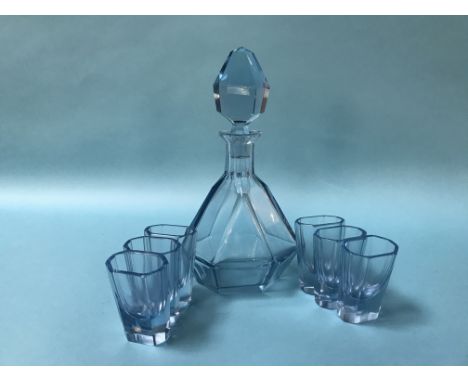 Blue glass deco style decanter and six liqueur glasses