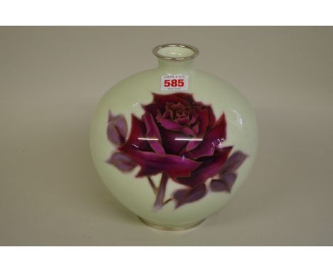 A Japanese cloisonne enamel ovoid vase,&nbsp;mark of&nbsp;Ando,&nbsp;decorated with a red rose, 21cm high.&nbsp; 