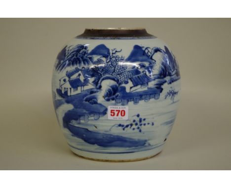 A Chinese blue and white jar, Qing, painted with a landscape, 215cm high. 