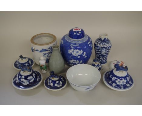 A mixed group of Chinese porcelain,&nbsp;comprising: a blue and white prunus jar and cover, 15.5cm high; another blue and whi