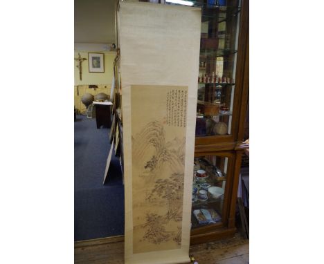 Chinese School,&nbsp;Qing,&nbsp;a mountainous landscape, with inscribed poem, watercolour, image 130.5 x 39.5cm, on scroll. 