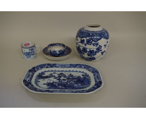 Four Chinese blue and white items,Â&nbsp;Qing,Â&nbsp;comprising: a jar, Kangxi six character mark, 14cm high; a small mug; a 