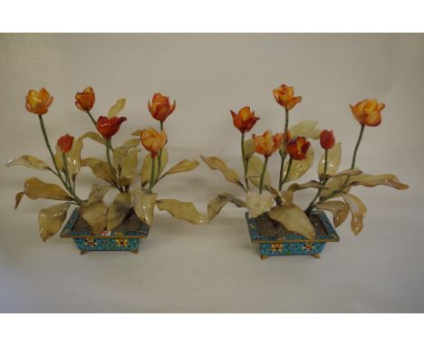 A pair of Chinese cloisonné enamel and hardstone jardinieres, probably late Qing, each rectangular jardinière issuing six flo