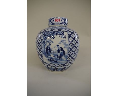A Chinese blue and white&nbsp;jar and cover, four character seal mark, painted with panels of figures, 25cm high. 