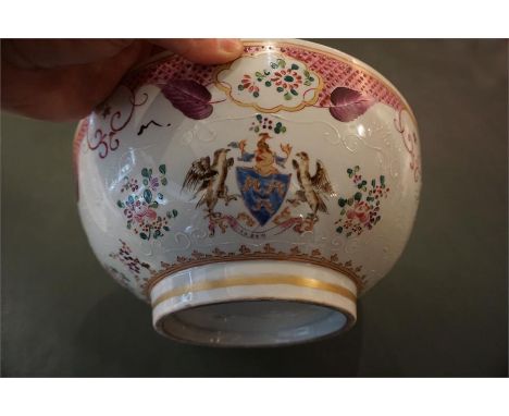 Porcelain 11" diameter oriental punch bowl with amorial  coat of arms, floral coat of arms