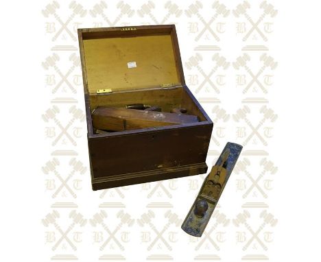 Pine stained tool box with a collection of assorted tools, including planes, braces etc