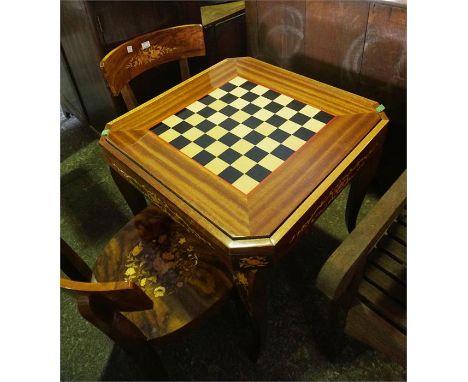 Walnut marquetry games table & 2 matching chairs. The table incorporating cards, draughts/chess, roulette, dice and all compl