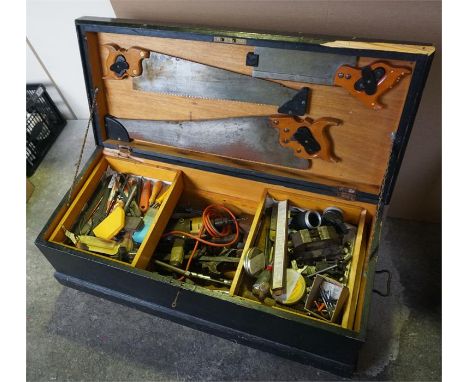 A pine tool box complete with tools 