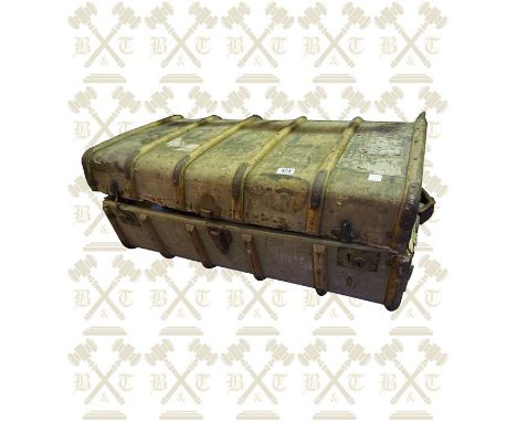 Canvas covered steaming trunk, 3 x brass coal scuttles, brass log box and odd fire irons. 