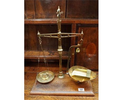 Victorian brass balance scales with original brass scoops and weights