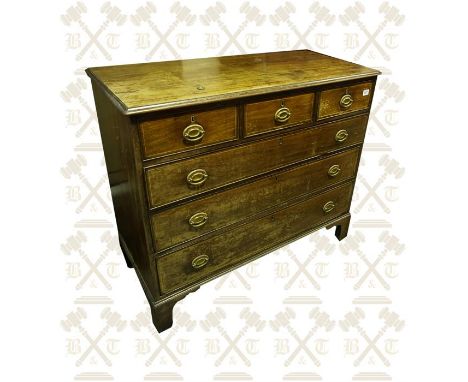 19th Century mahogany chest of 6 drawers with brass pulls, standing on bracket feet.