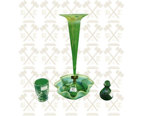 A Vaseline glass Epergne, heavy lead crystal engraved glass and a Caithness glass perfume dropper 