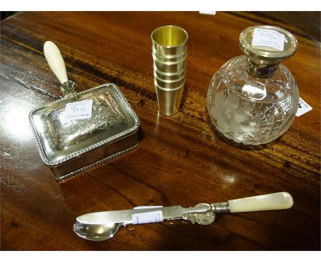 6 continental silver gilt whisky nip beakers,miniature silver chafing dish with ivorine handle, crystal and silver topped sce