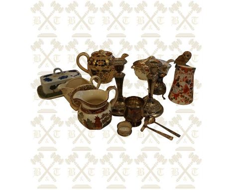 Pair plated candlesticks, christening mug, push & spoon, napkin ring, milk jug, quantity of porcelain including jugs, tea pot