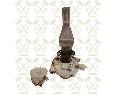 Victorian porcelain oil lamp font with Lily decoration and a matching vase. 