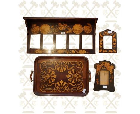 Edwardian inlaid hanging photo frames in shelf form, mahogany inlaid tray and 2 x inlaid frames 