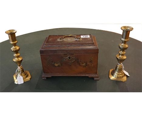 Late 18th century painted walnut step top tea caddy converted to jewellery box and 2 x 19th century brass candle sticks 