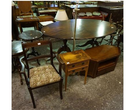 Mahogany stained corner unit, Yew wood 2 drawer table, mahogany carver chair and a brass standard lamp
