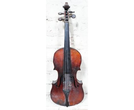 A 19th Century German violin, length of back 37cm, cased with a single bow.  Condition - various chips, scuffs, scratches etc