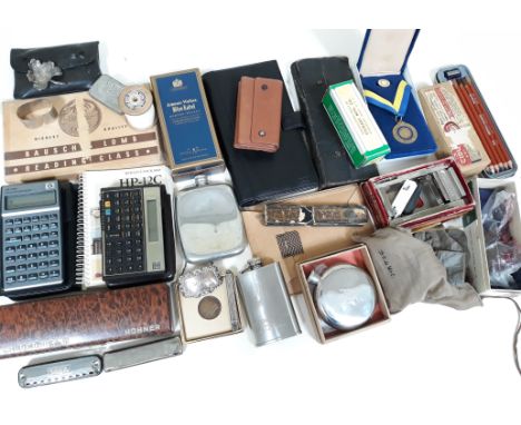 A mixed lot to include Johnnie Walker Blue Label miniature, a Hohner Chromonika III and two others, 3 hip flasks, a hallmarke