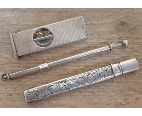 A mixed lot of silver comprising a pencil, a cigar cutter and a swizzle stick, various silver marks.Condition: minor dents an