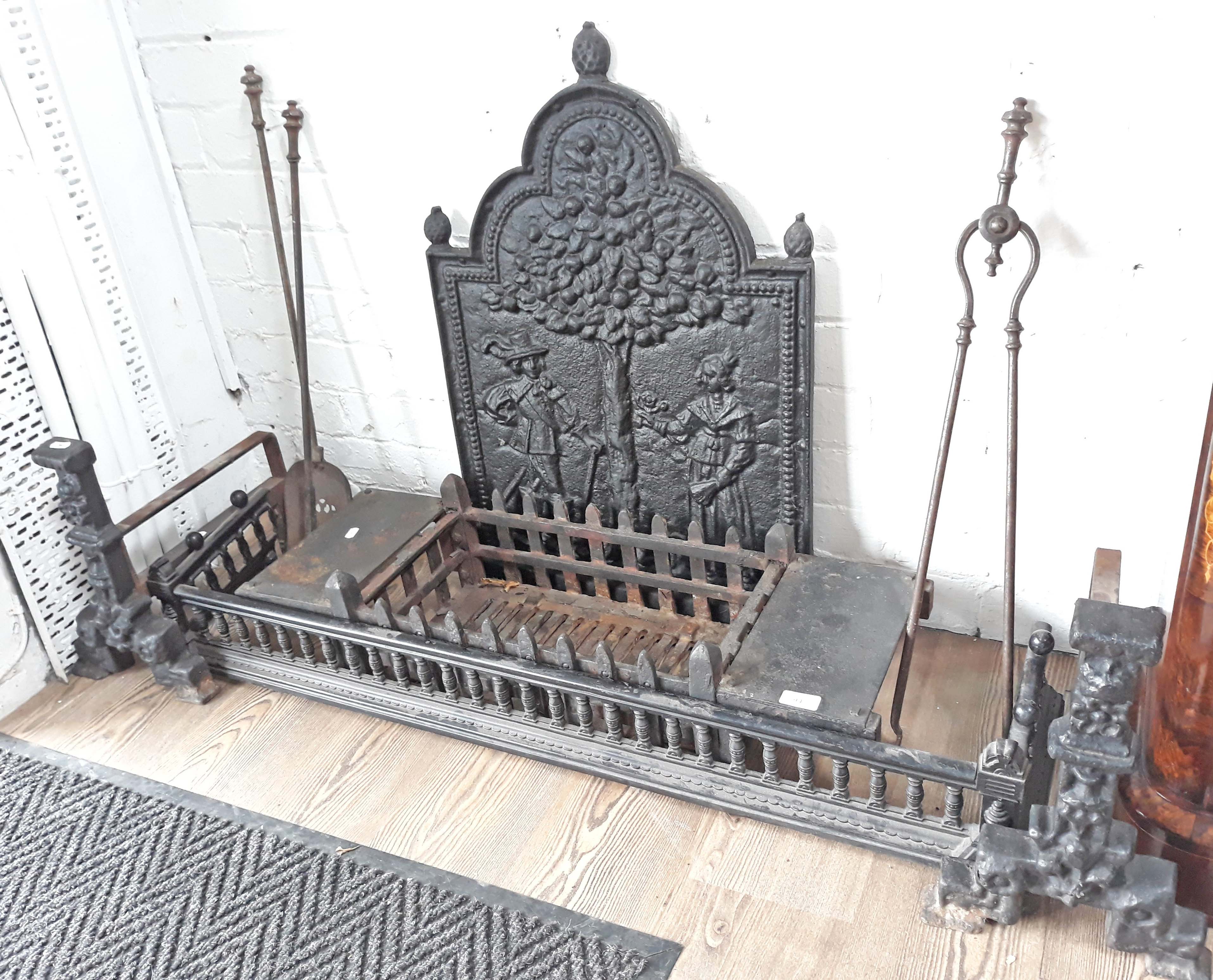 Various Fireplace Items Comprising A Cast Iron Back Plate Grate