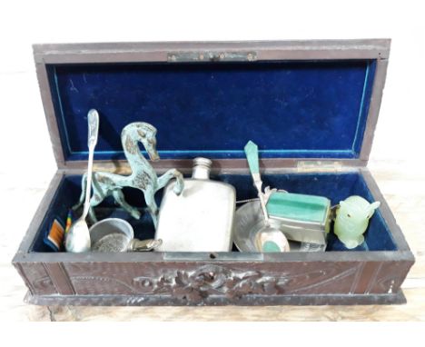 A carved box and contents including a White Star Line El Dorado teaspoon, a white metal and jade spoon etc.  