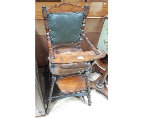 A Victorian child's metamorphic high chair with inlaid back and enamel pot, height 100cm, width 56cm, depth 56cm.  
