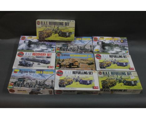 A group of 10 Airfix 1:72 scale model kits of military vehicles, to include an 'LCVP Landing Craft' kit and a 'Royal Air Forc