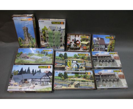 A group of 11 Faller scale model kits of buildings, scenery, and accessories, to include 'Gardening Premises' kit and a 'Cast