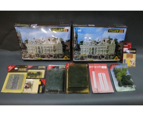 Two Faller N scale models kits of 'Townhouse', plus Faller accessories and trees 