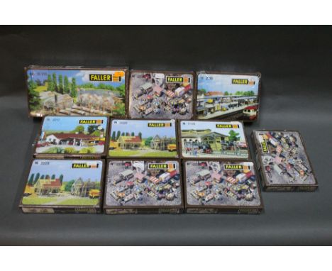 10 boxed Faller N scale model kits of buildings and accessories, to include a 'Greenhouses and Flower Beds' kit, 'Gas Station