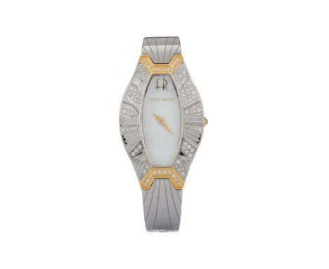 FRANK ROSHA  MOTHER OF PEARL AND DIAMOND STAINLESS STEEL QUARTZ WRIST WATCH the mother of pearl dial lacking hour markers, 26