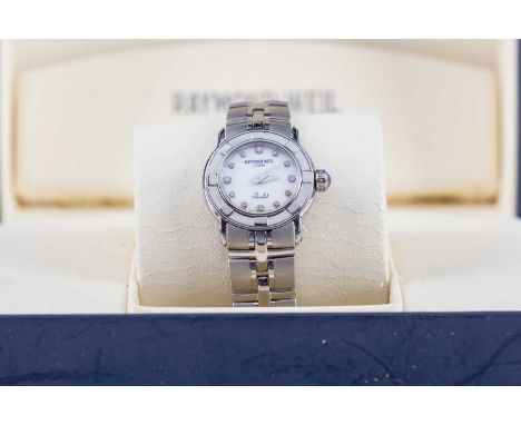 RAYMOND WEIL LADY'S RAYMOND WEIL PARSIFAL STAINLESS STEEL QUARTZ WRIST WATCH the round mother of pearl dial with diamond dot 