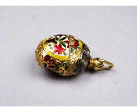 A North European yellow metal and enamel hinged box - of bean shape and with suspension loop above a band of mine cut diamond