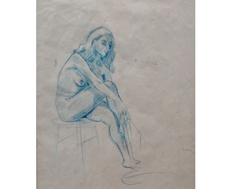 Marion Grace HOCKEN (British 1922-1987),  Nude Seated - 15 minute sketch,  Blue pencil on paper,  Framed and glazed,  Picture