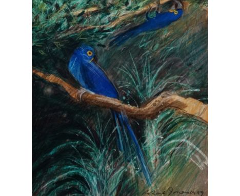 Robert JONES (British b. 1943),  Blue Parrots,  Mixed media,  Signed and dated '89 lower right,  Framed and glazed,  Picture 