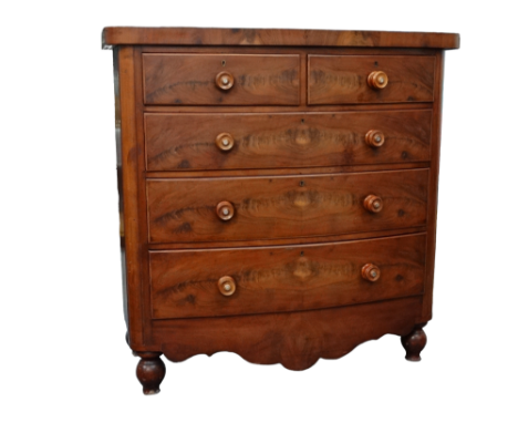 A Victorian mahogany bow front chest of drawers - with an arrangement of two short and three long drawers with mother of pear