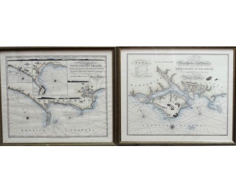 A reproduction of a 19th century navigational chart - Spithead, framed and glazed, overall size 39 x 46cm, together with anot