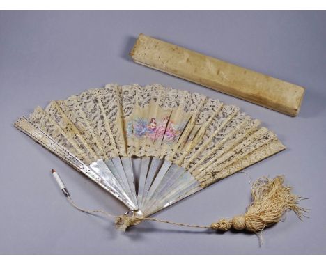 A late 19th century lace and mother-of-pearl fan - foliate pierced and set with alternate gilt and silver disks, the web with