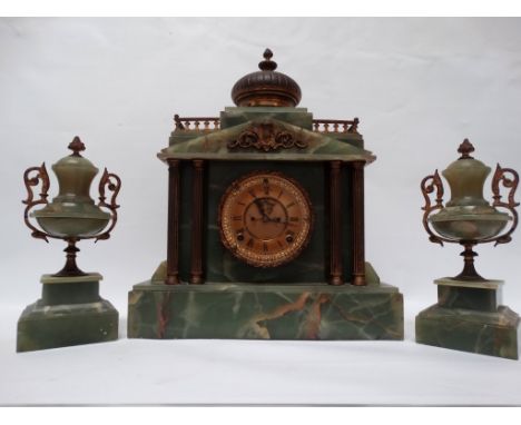 Possibly Anglo Indian green onyx mantel clock - A Palladian mantle clock with urn shaped garnitures, with brass adornments in