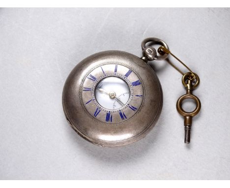 A silver half hunter pocket watch - by W. Cage, London, the engine turned case with blue enamel numerals, the white enamel di