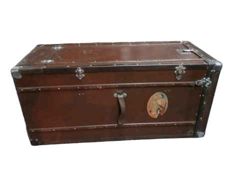 A 20th century travel trunk by Malles, Cologne Paris - with beech lathes and chrome fittings, with a Cunard luggage label, wi