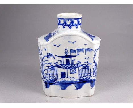 A Liverpool pearlware tea caddy circa 1775 - with ogee shaped body and blue and white decoration depicting an oriental landsc