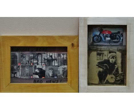 Jon GRIMBLE (British 20th Century)  Caged  Mixed media Signed and titled verso  Framed and glazed Picture size 8 x 13cm Overa