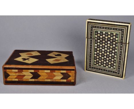 A late 19th century Vizagapatam card case, width 10cm, together with a mystery box, with playing card decoration (2)