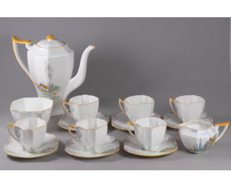 A Shelley coffee service - for six place settings with coffee pot, milk jug and sucrier, Queen Anne shape and decorated with 