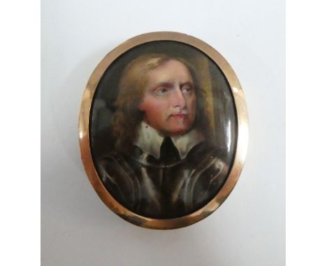 Oliver Cromwell an oval portrait miniature, in a gilt metal frame with rose coloured border 4 x 3cm