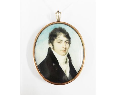19th century portrait miniature on ivory of a Gentleman wearing a white stock and black coat, contained within an oval yellow