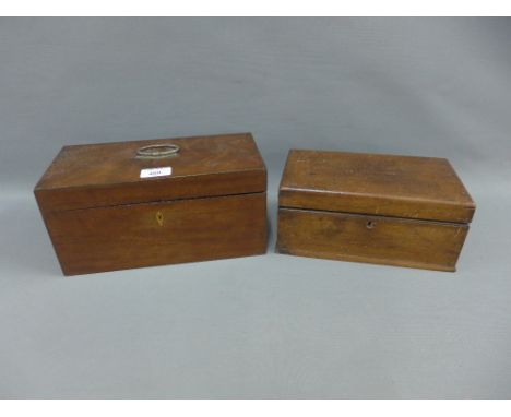 19th century mahogany tea caddy box with three divisions and a white metal loop handle to top, together with another, largest